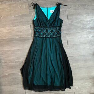 Vintage 90s Y2K Black Blue Sheer Lace V Neck Midi Dress D.J. Summers Size M